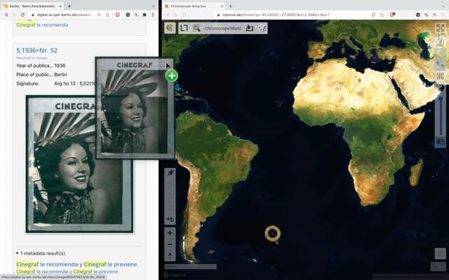 Left side: Search results from a library. Right side: Chronoscope World browser window