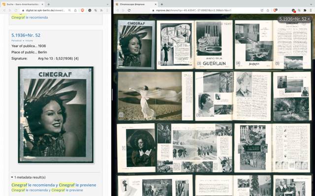 Left side: Search results from a library. Right side: Chronoscope World browser window with page thumbnails from the magazine